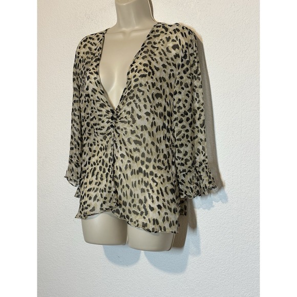 Y2K 90s David Warren New York Leopard Print Silk Blouse Top Open Front Size 16 - Picture 2 of 9